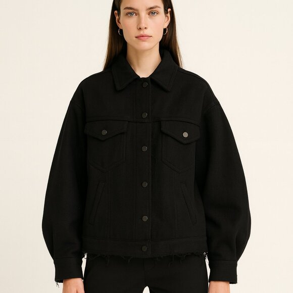 Max Mara Sportmax Black 100% Virgin Wool Jacket Women’s Frayed Hem Italy Size 2 - Picture 1 of 16